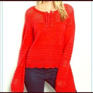 Kate C. Red  Crochet Long Sleeve Cropped  Sweater Size Small/Medium